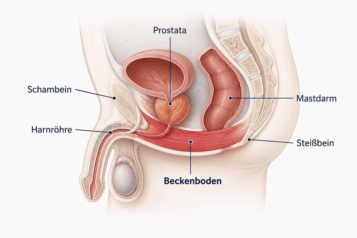 Anatomisches Schema des männlichen Beckenbodens mit Lage von Prostata, Harnröhre und Mastdarm zwischen Schambein und Steißbein