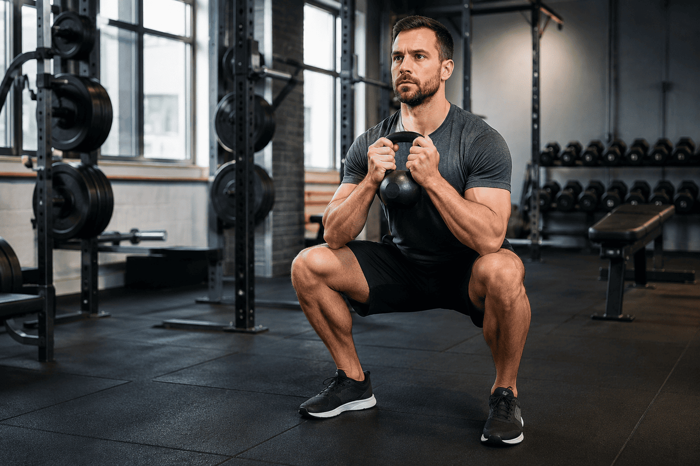 Mann beim Kettlebell-Squat im Fitnessstudio mit aktivierter Beckenbodenmuskulatur