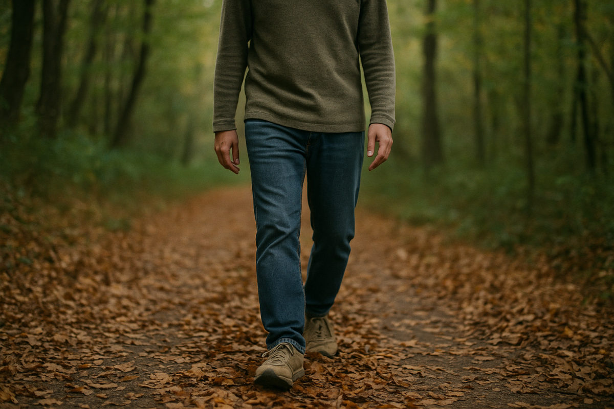 Mensch geht achtsam und langsam auf einem ruhigen Waldweg und spürt jeden Schritt bewusst