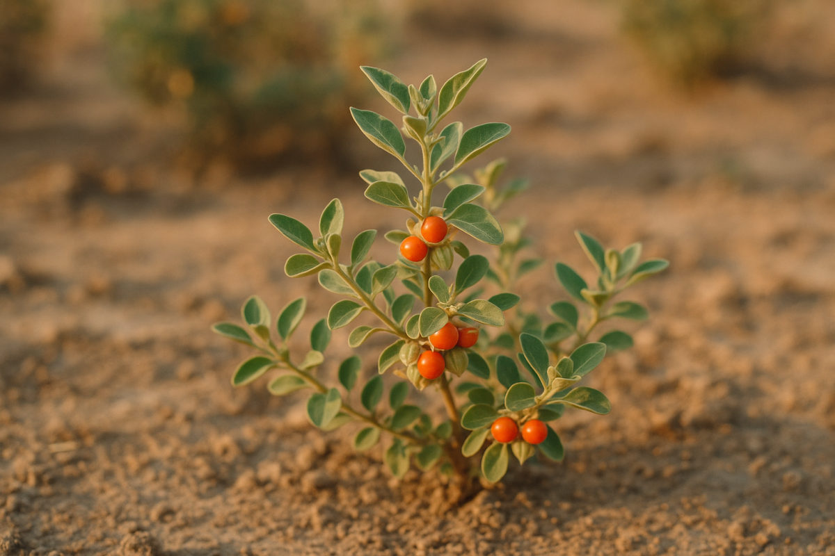 Ashwagandha-Pflanze mit grünen Blättern und roten Beeren in trockenem Boden