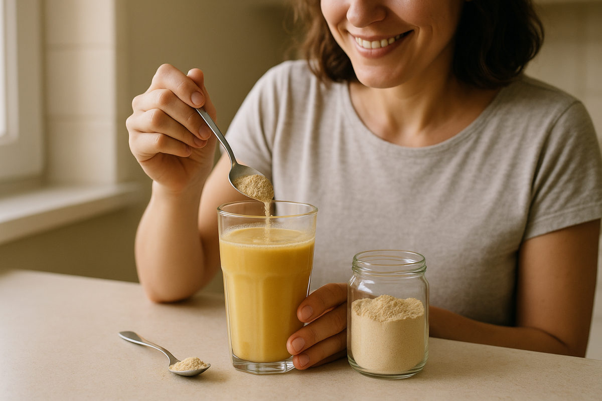 Ashwagandha-Pulver wird in ein goldenes Getränk in einem Glas eingerührt
