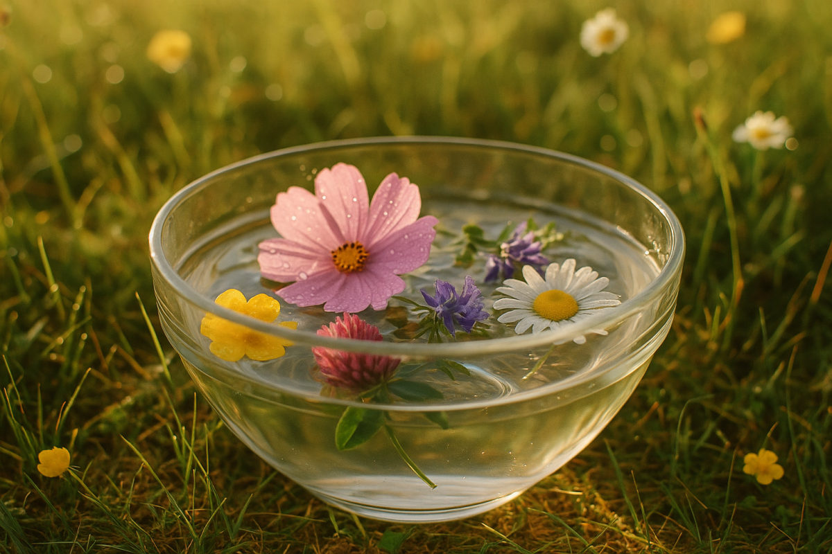 Blüten schwimmen in einer Glasschale mit Wasser im Sonnenlicht auf einer Wiese