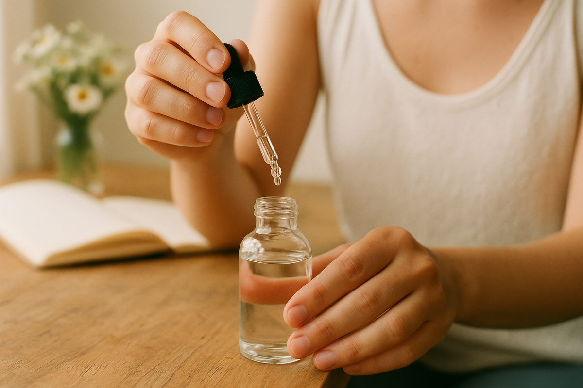 Hände geben Tropfen aus einer Pipette in ein kleines Glasfläschchen mit Wasser