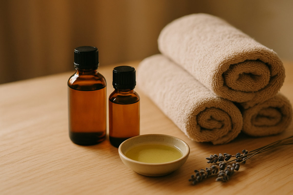 Massageöl-Flaschen und gerollte Handtücher auf Holz als Vorbereitung für eine klassische Massage