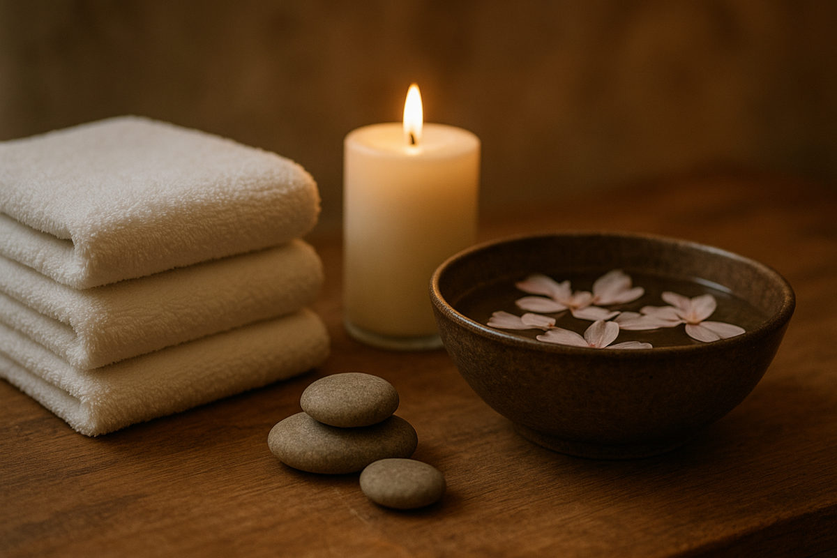 Wellness-Stillleben mit gefalteten Handtüchern, Kerze und Blütenschale als Symbol für entspannende Massageanwendungen