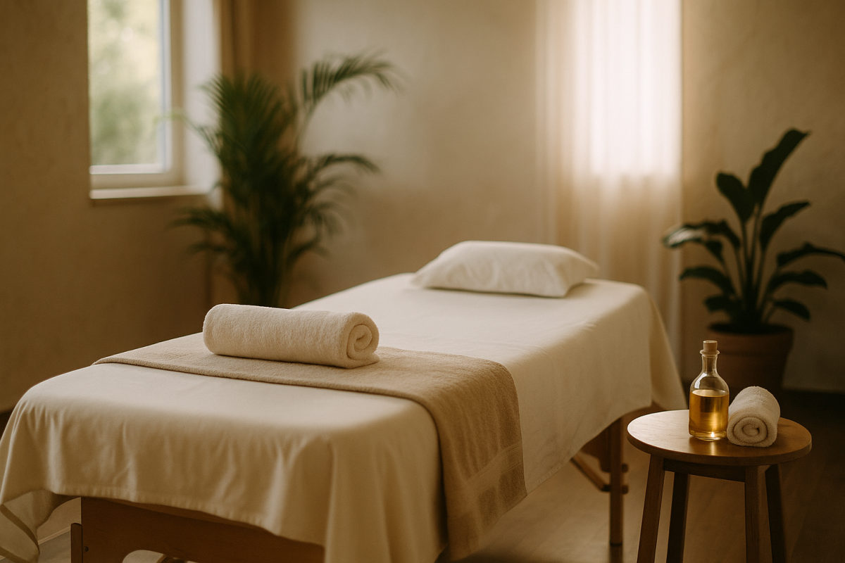 Ruhiger Massageraum mit vorbereiteter Massageliege, Handtüchern und Massageöl als Sinnbild für die klassischen Massagetechniken