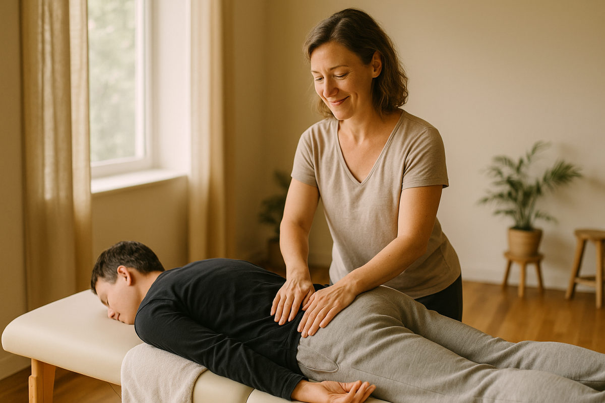 Sanfte manuelle Behandlung am Rücken auf einer Liege in einem ruhigen Wellness-Raum