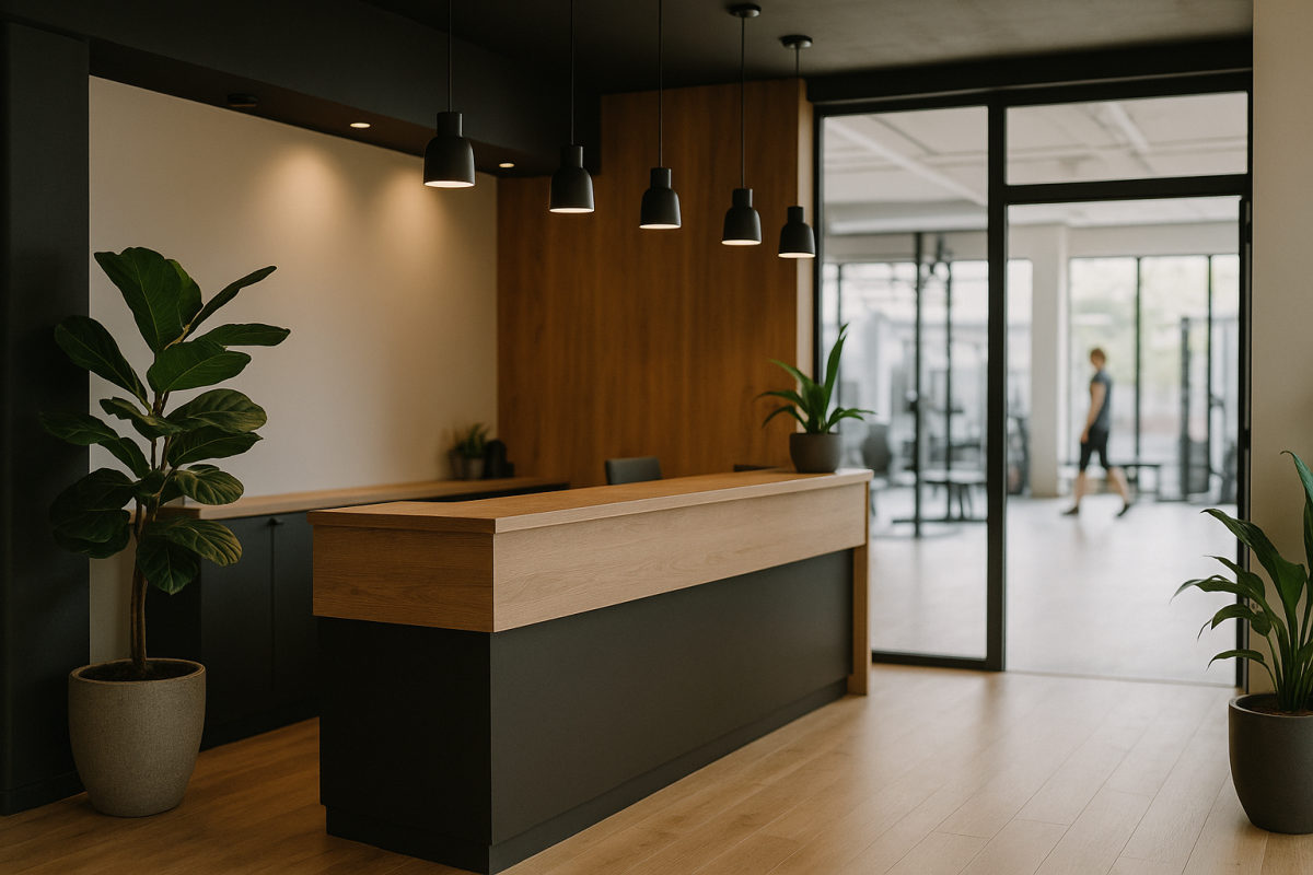 Empfangsbereich eines modernen Fitnessstudios ohne Personen