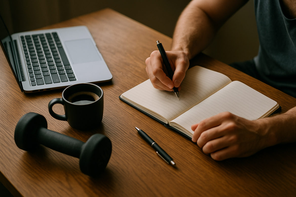Business-Stillleben mit Laptop, Notizbuch Businessplan, Kaffee und Hantel auf einem Schreibtisch