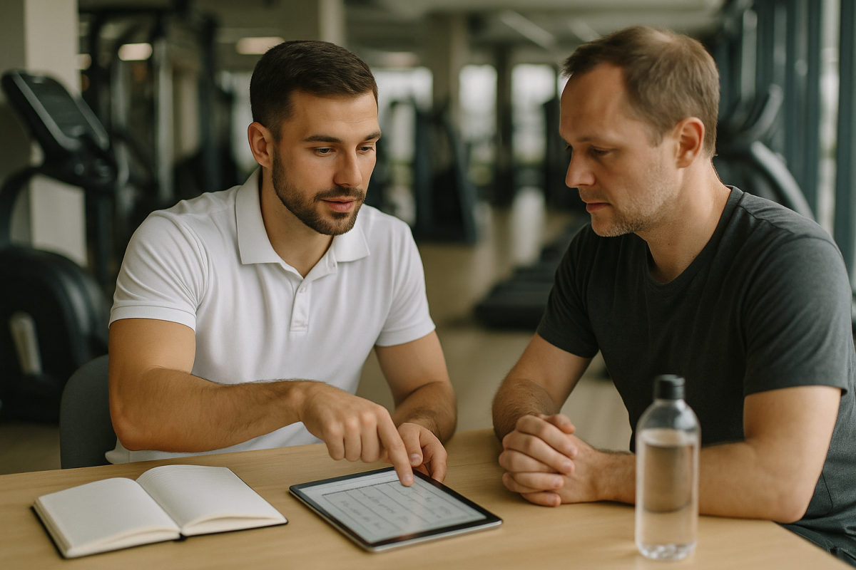 Personal Trainer im Beratungsgespräch mit einem Kunden am Tablet im Fitnessstudio