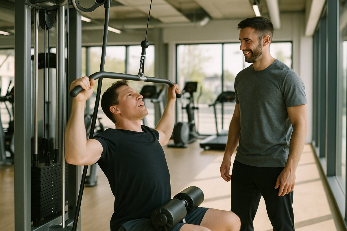 Training an der Latzugmaschine mit Trainerunterstützung im Fitnessstudio