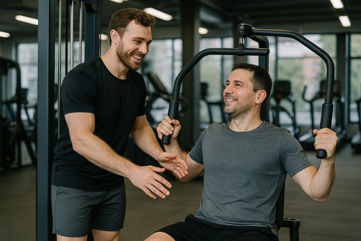 Personal Trainer weist eine Kundin am Gerät ein