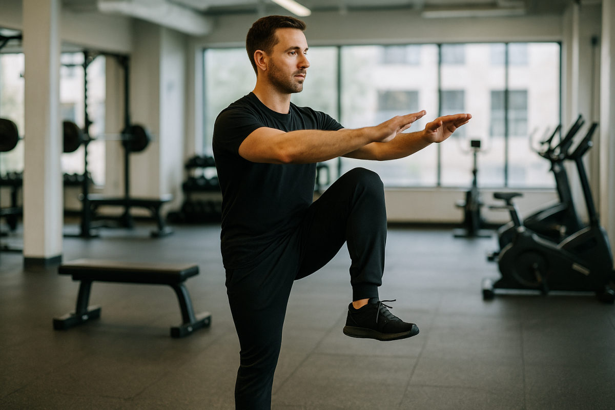 Fitnesstrainer demonstriert aus respektvoller Distanz eine Übung im Studio
