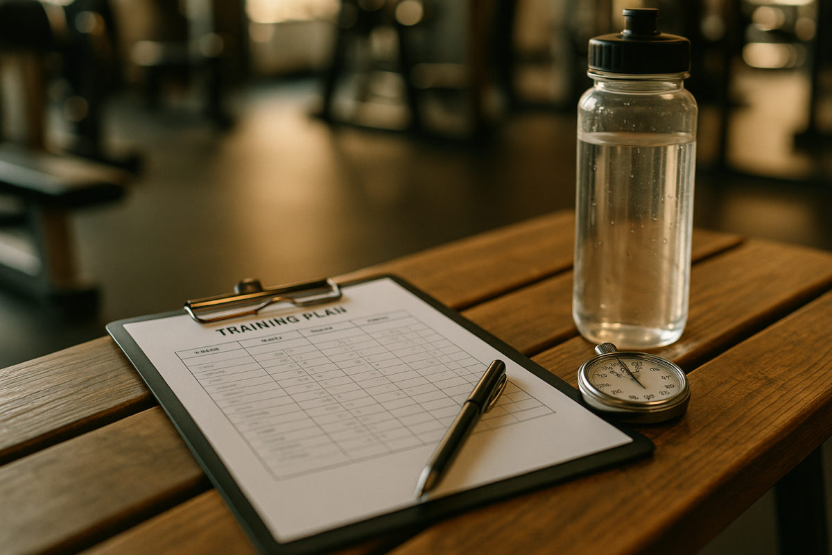 Trainingsplan auf einem Klemmbrett als Stillleben im Fitnessstudio