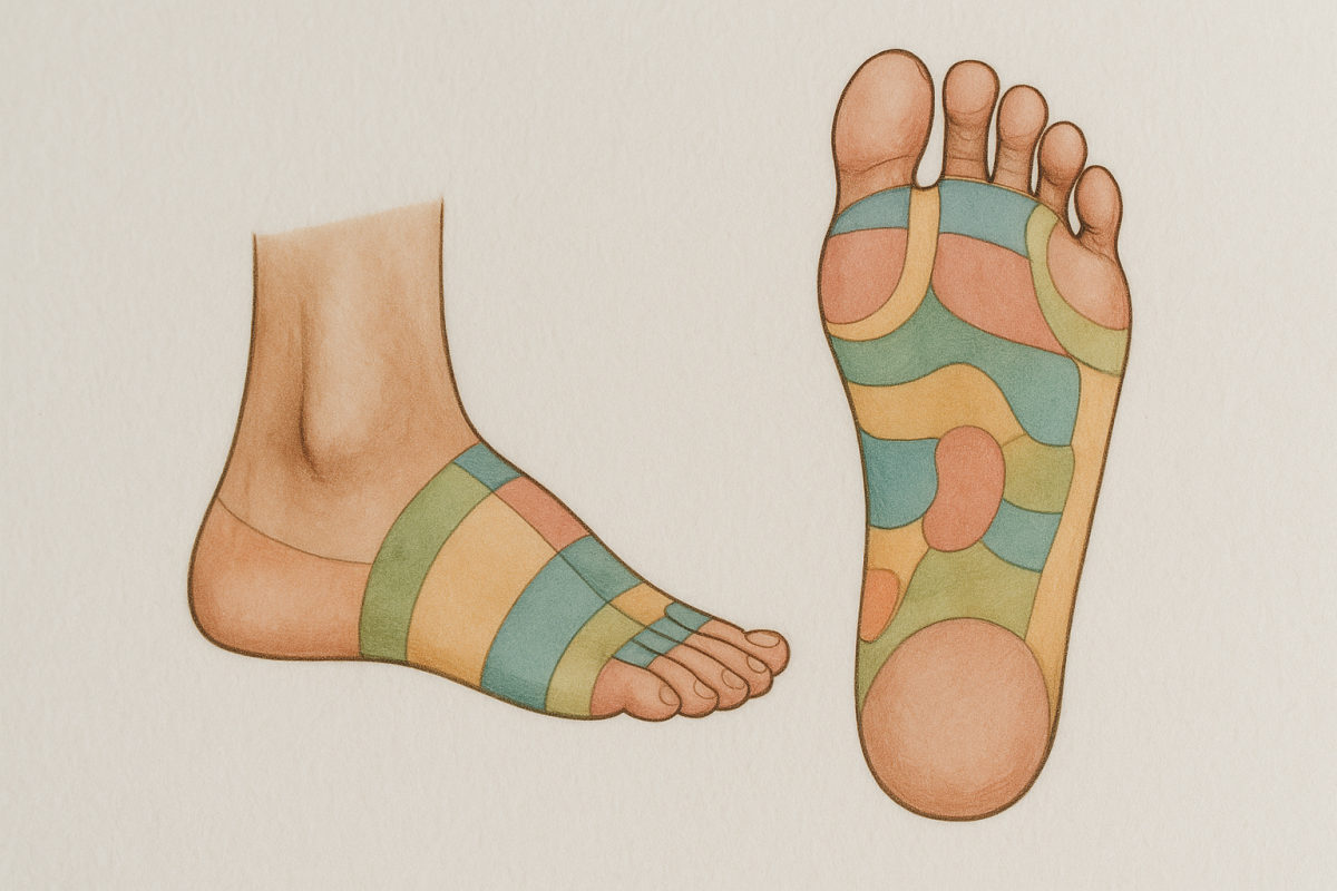 Fußreflexzonen-Schautafel mit den Zonen am Fuß zur Orientierung bei der Fußreflexzonenmassage