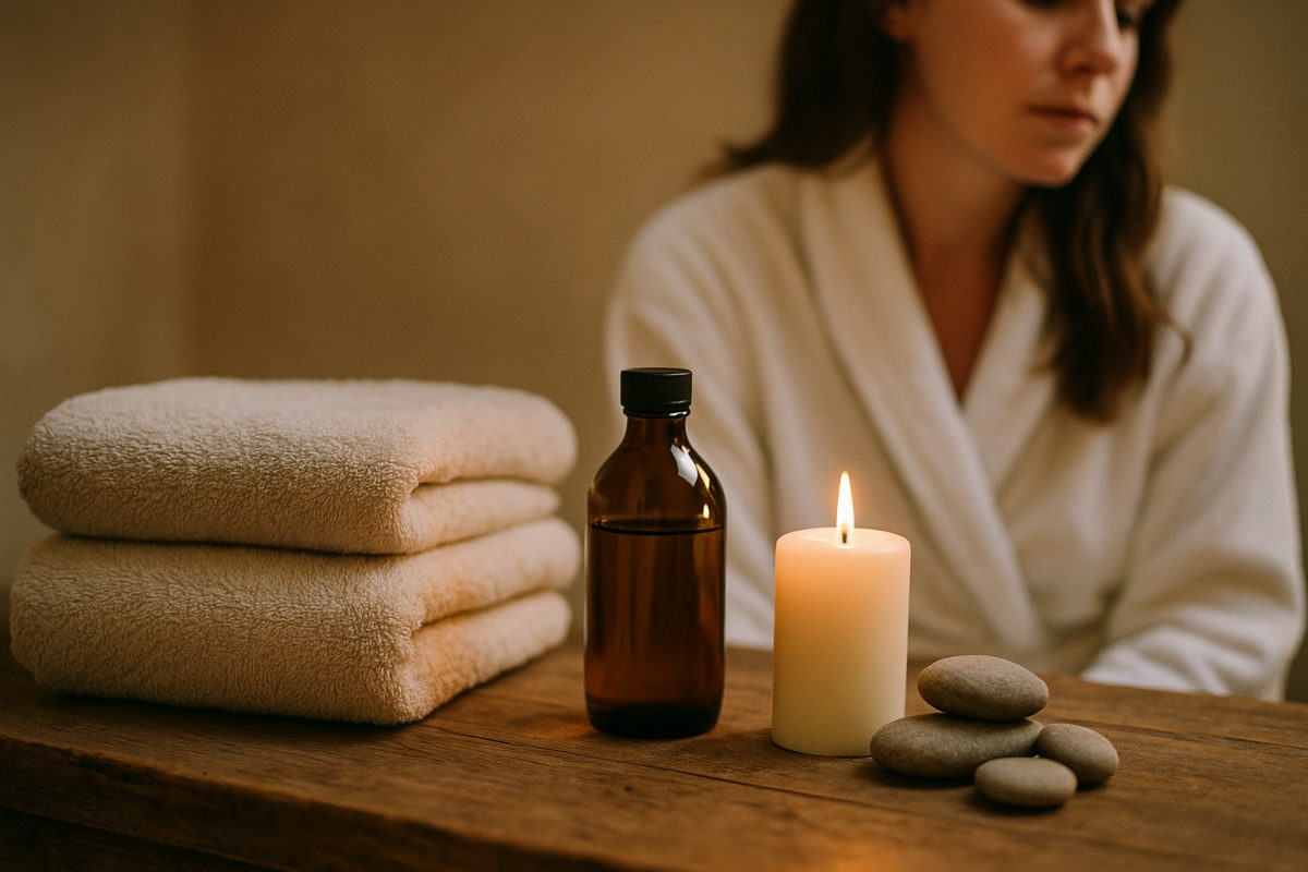 Spa-Stillleben mit Öl, Tüchern und Kerze als ruhiger Rahmen für die Fußreflexzonenmassage