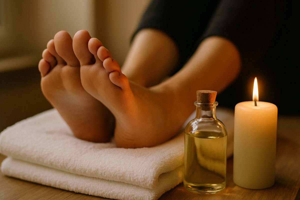 Entspannte Füße auf einem Handtuch mit Massageöl – Vorbereitung für eine Fußreflexzonenmassage