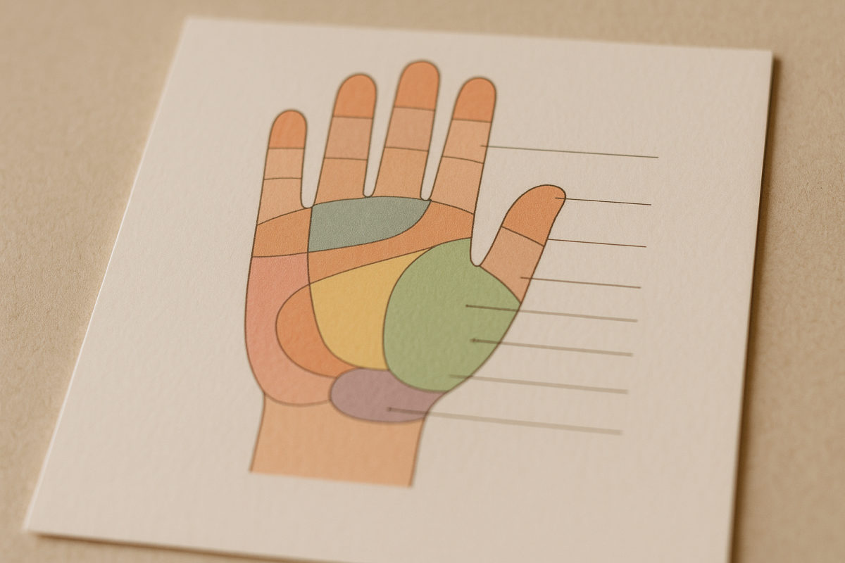 Illustrierte Handreflexzonen-Karte der Handinnenfläche mit Zonen