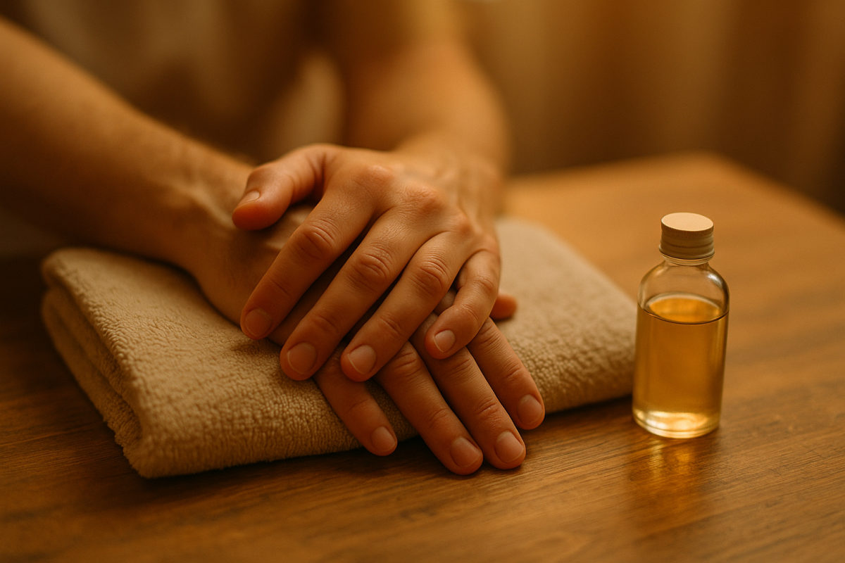 Entspannte Hände auf einem Handtuch mit Massageöl, Spa-Atmosphäre