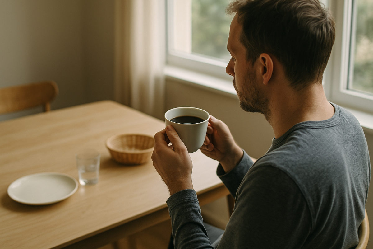 Person mit Tasse schwarzem Kaffee am Morgen vor einem Fenster ohne Frühstück