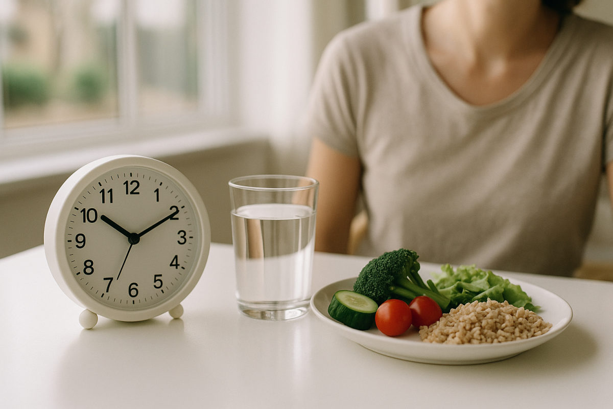 Wanduhr, Glas Wasser und Teller mit frischem Gemüse auf hellem Küchentisch