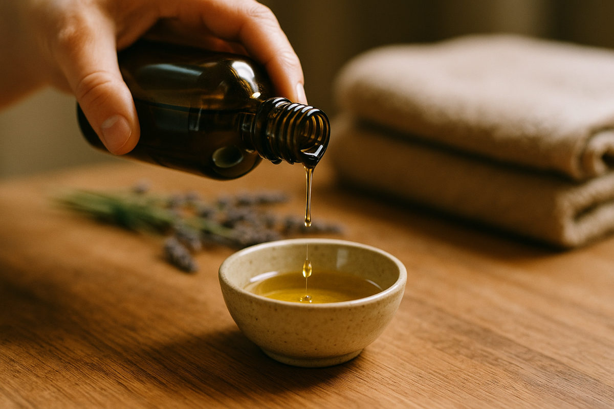 Massageöl wird aus einer Amber-Flasche in eine kleine Schale gegossen