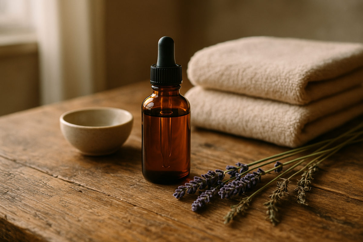 Massageöl in einer Amber-Glasflasche mit Pipette neben Handtüchern und Lavendel auf einem Holztisch