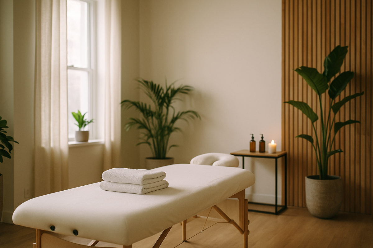 Moderne Wellness-Massagepraxis mit Massageliege und frischen Tüchern