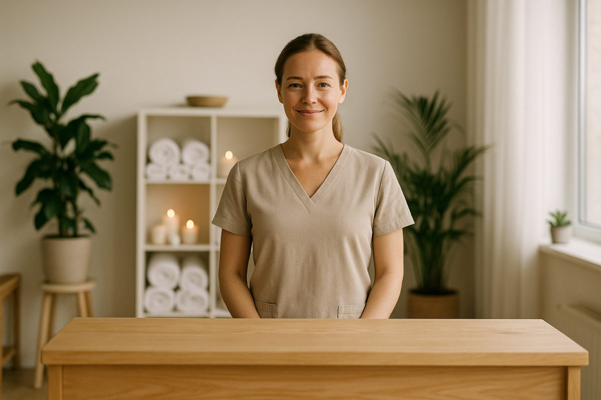Masseurin am Empfang einer modernen Wellness-Massagepraxis