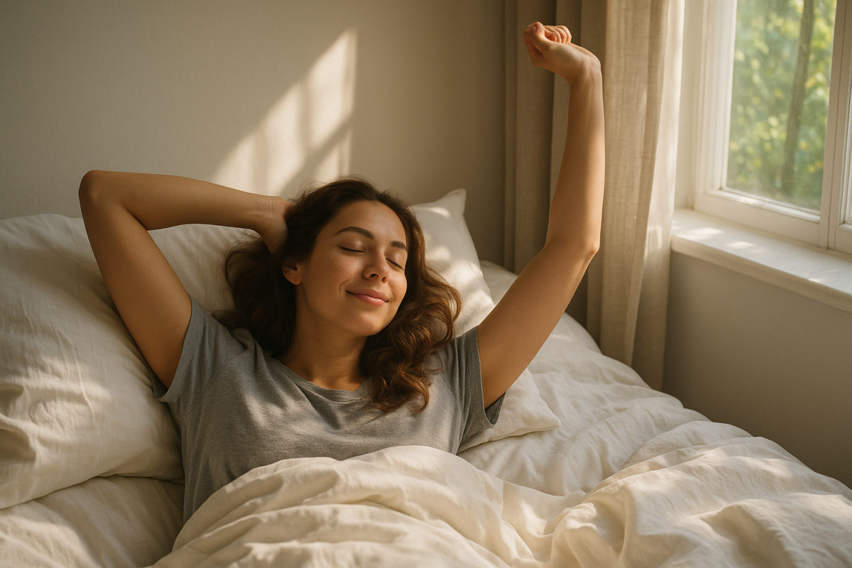 Person wacht morgens entspannt auf, weiches Tageslicht fällt durch das Fenster auf das Bett