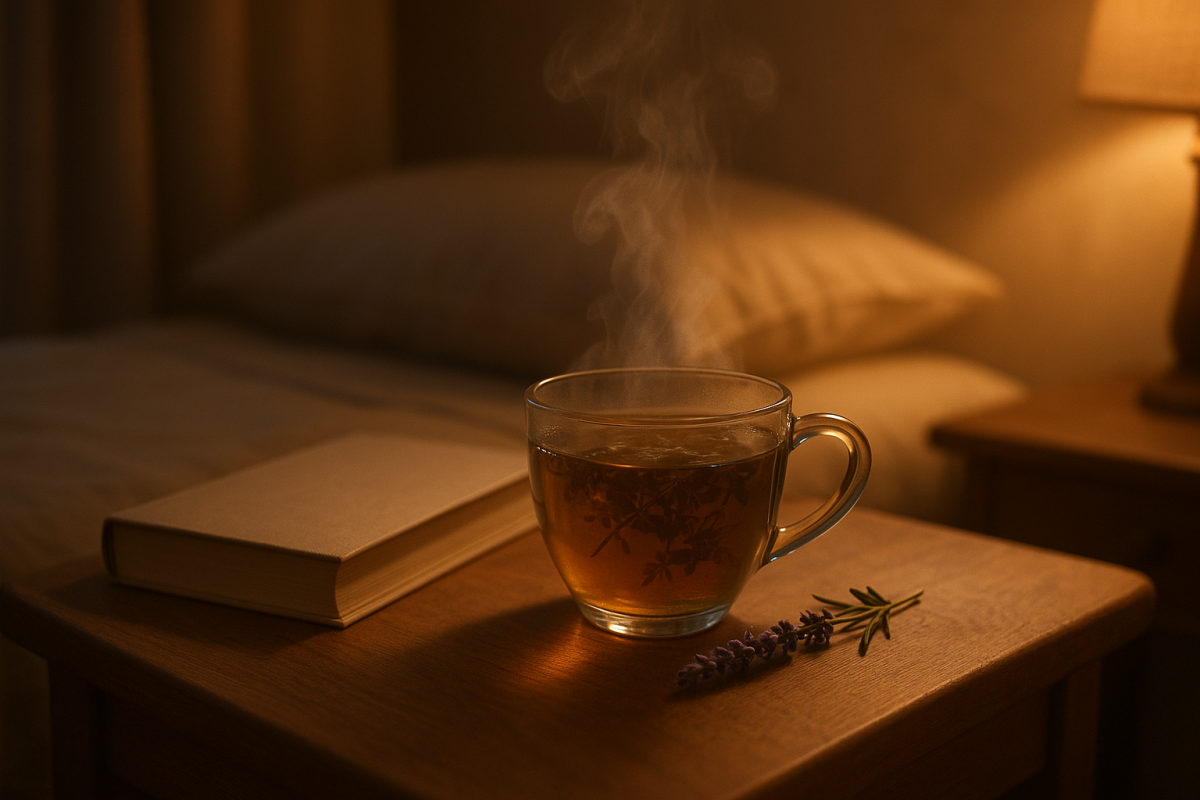 Dampfende Tasse Kräutertee auf einem Nachttisch neben einem Buch und Lavendel bei warmem Abendlicht