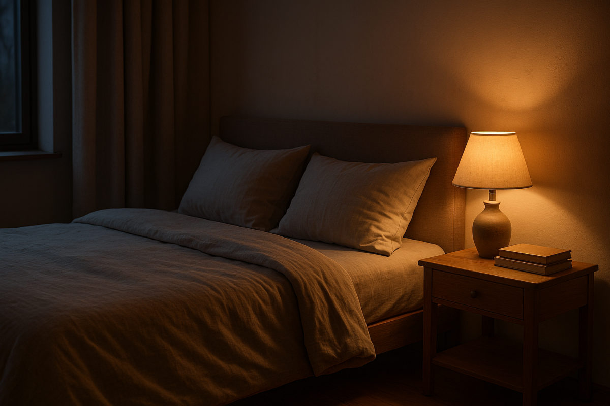 Gemütliches Schlafzimmer in der Abenddämmerung mit warm gedämpftem Nachttischlicht und ordentlich gemachtem Bett