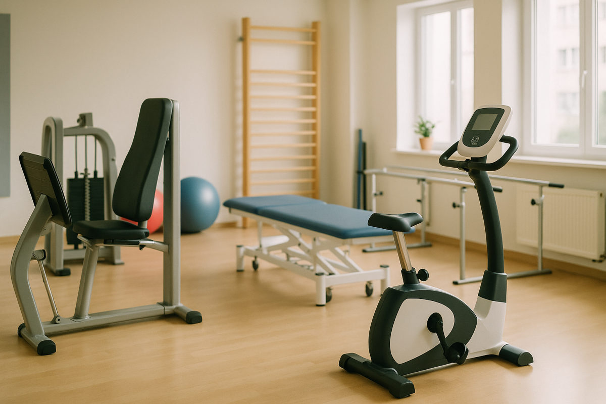 Moderner Reha-Trainingsraum mit Beinpresse und Ergometer für das Krafttraining nach einer Knie-OP