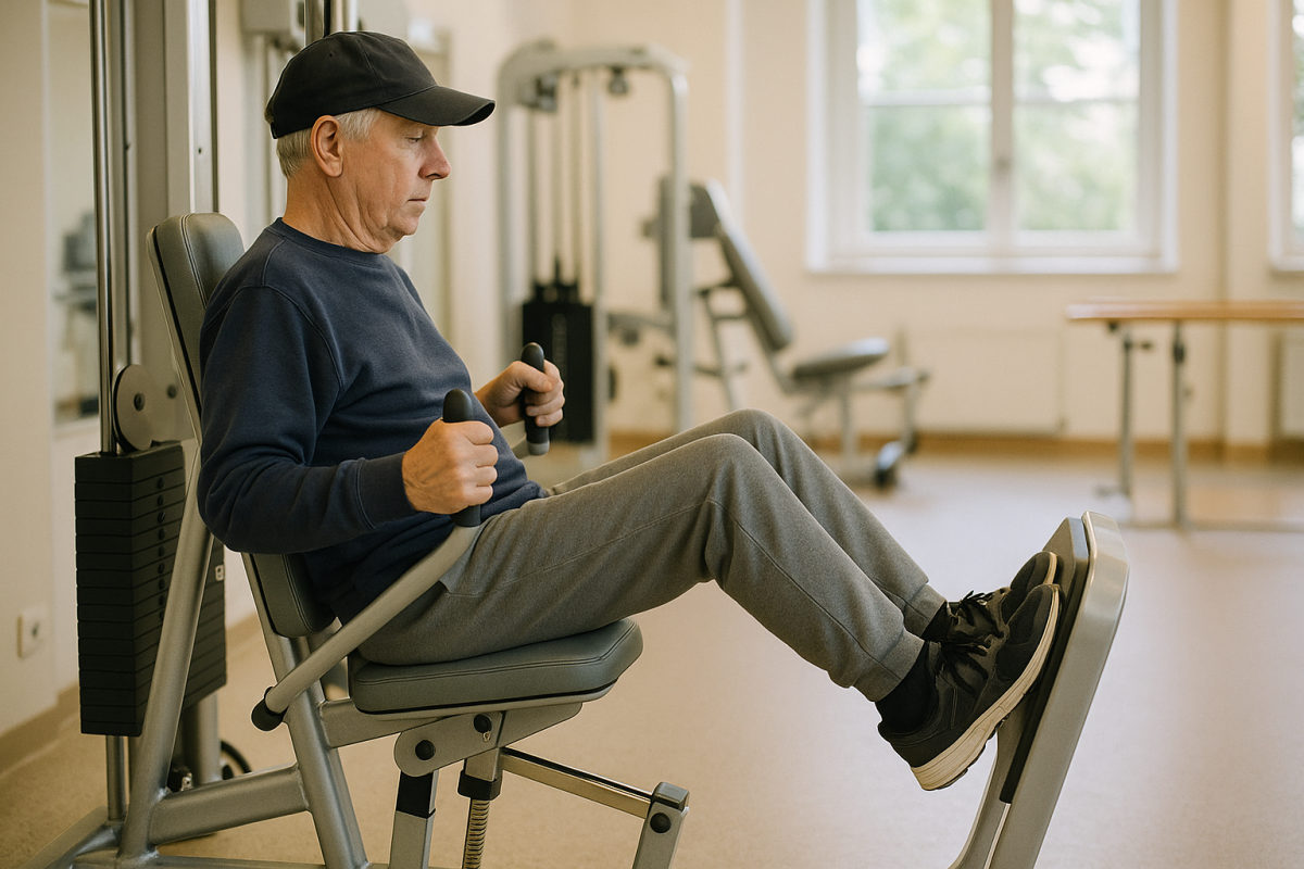 Vollständig bekleidete Person beim dosierten Beintraining am Gerät während der Reha nach einer Knie-OP