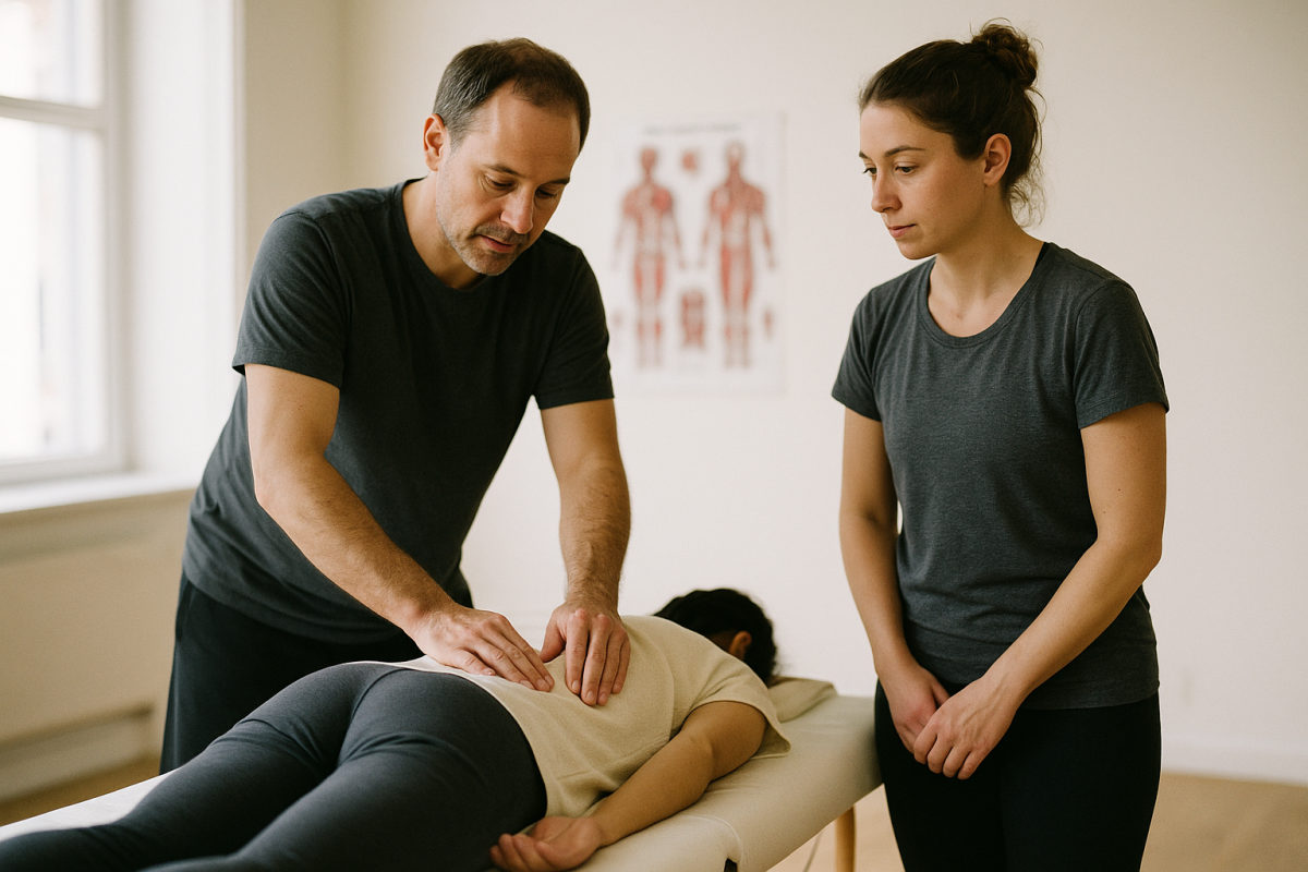 Lernsituation in der Triggerpunkt-Massage-Ausbildung: bekleidete Personen üben aus Distanz an einer Massageliege