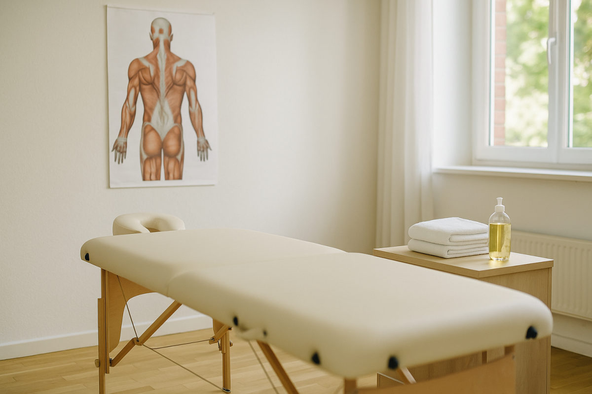 Massage-Schulungsraum für die Triggerpunkt-Massage-Ausbildung mit Massageliege und anatomischem Muskelposter