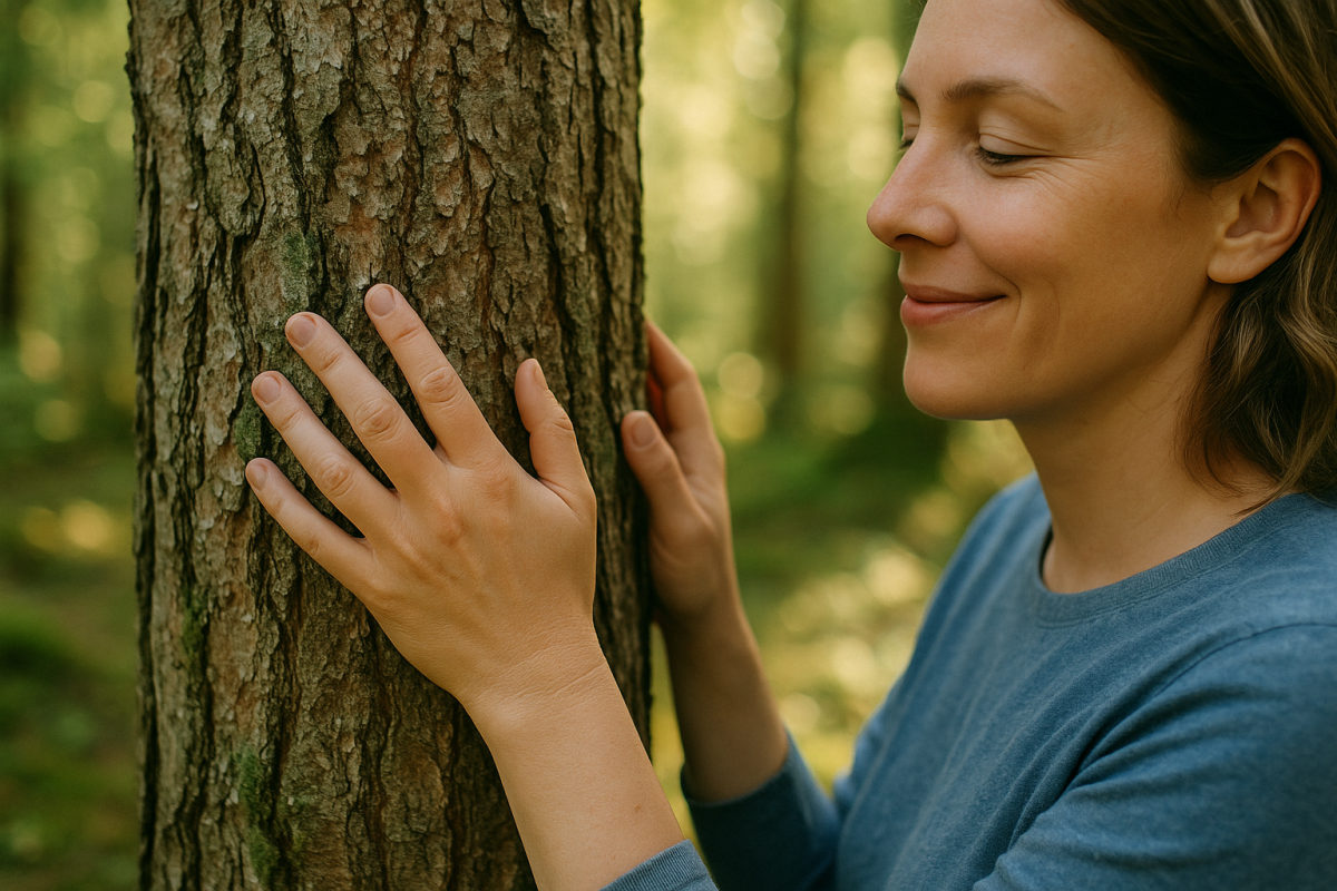 Hände berühren behutsam die Rinde eines Baumes im Wald – bewusste Sinneswahrnehmung beim Waldbaden.