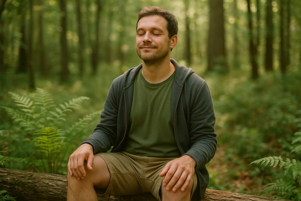 Eine Person sitzt entspannt auf einem umgefallenen Baumstamm im ruhigen Wald und atmet bewusst.