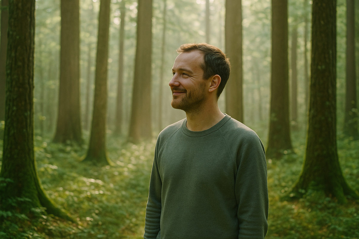 Eine Person steht ruhig zwischen hohen Bäumen in einem sonnendurchfluteten Wald beim Waldbaden.