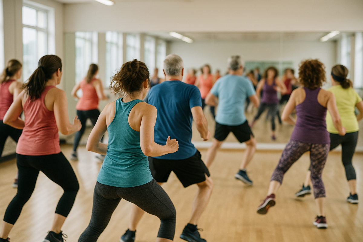 Tanz-Fitness-Gruppe in Sportkleidung tanzt bewegungsunscharf in einem hellen Studio, wie in einem Zumba-Kurs