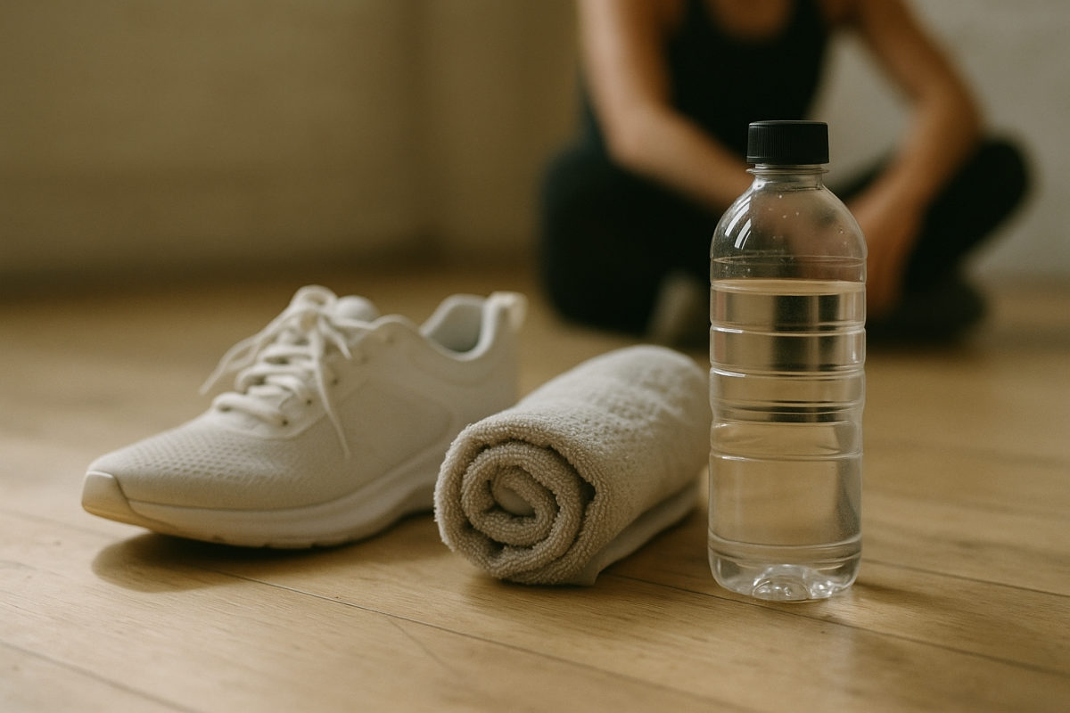 Sneaker, Handtuch und Wasserflasche als Stillleben vor einem Tanz-Fitness-Training