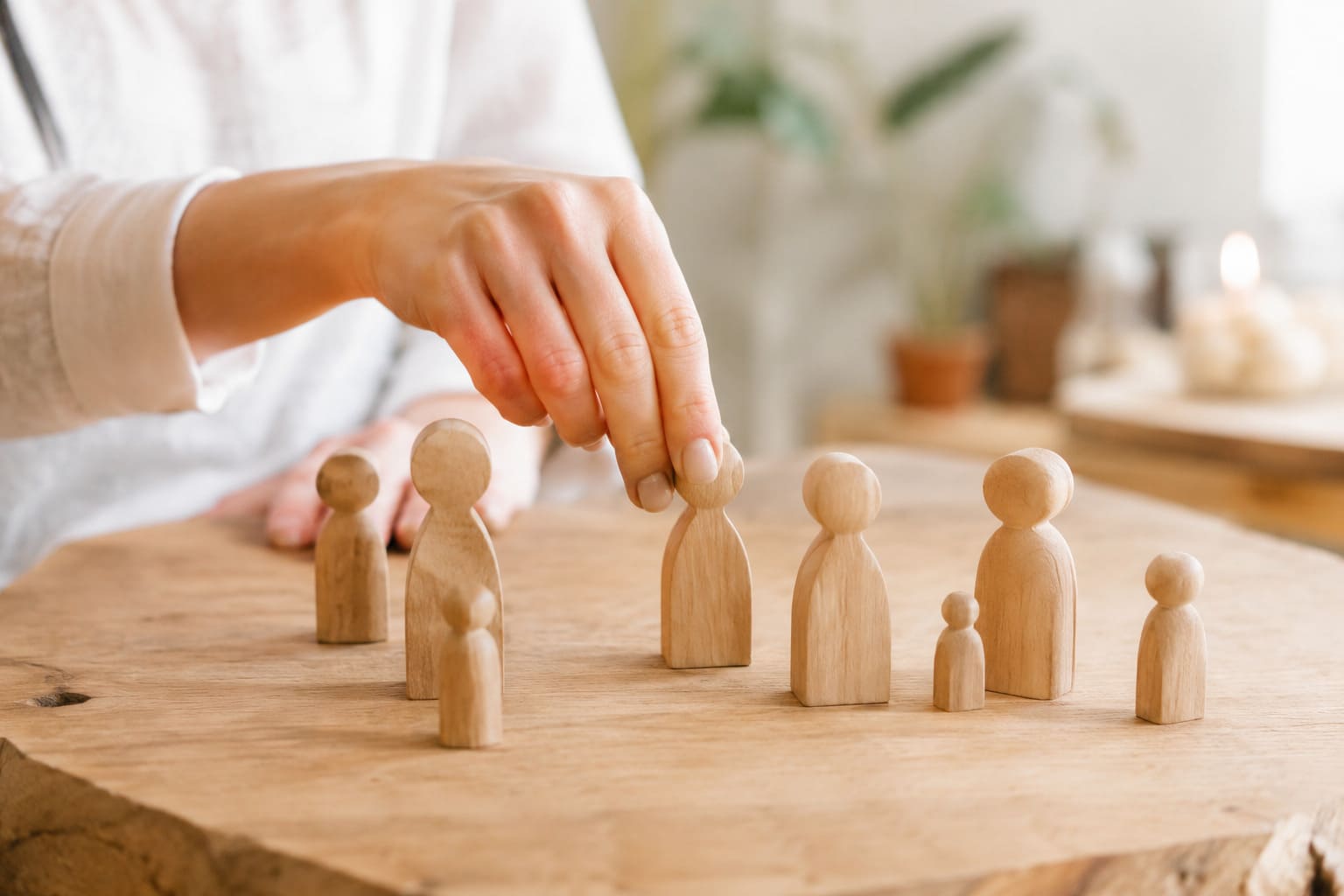 Holzfiguren auf einem Familienbrett werden behutsam positioniert