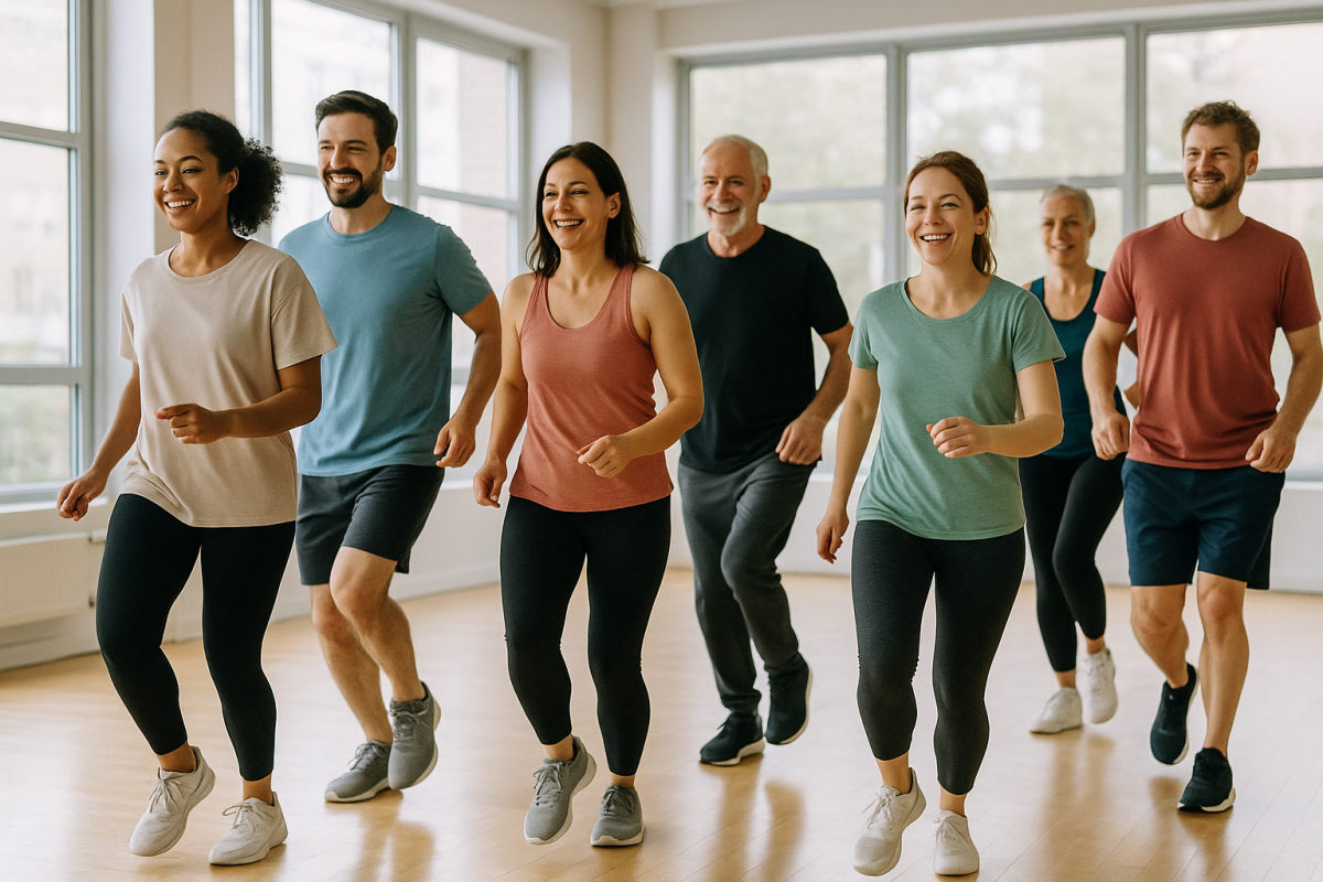 Gruppe tanzt Line Dance in einer Reihe in einem hellen Fitnessstudio