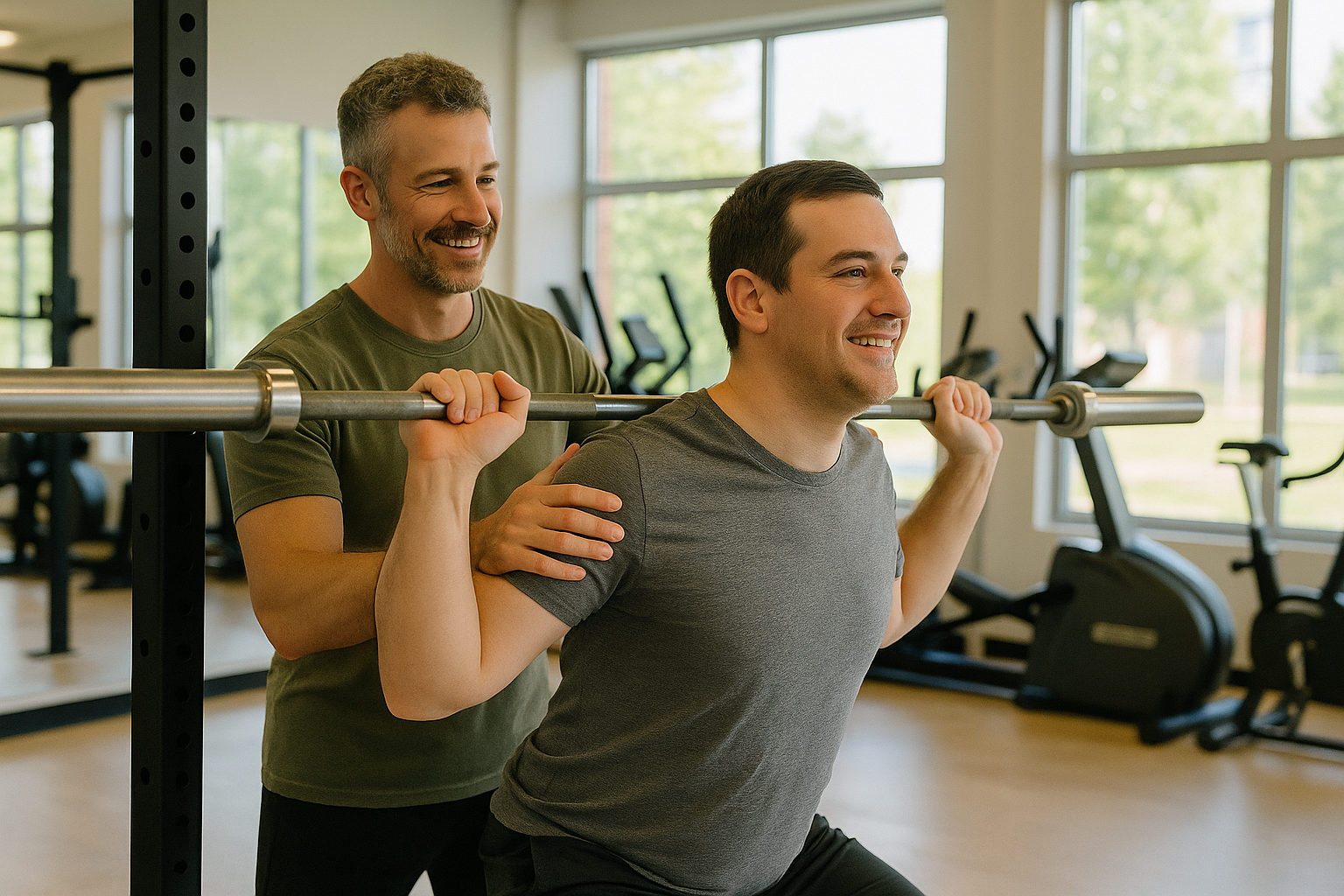 Fitnesstrainer korrigiert die Haltung eines Kunden beim Langhanteltraining
