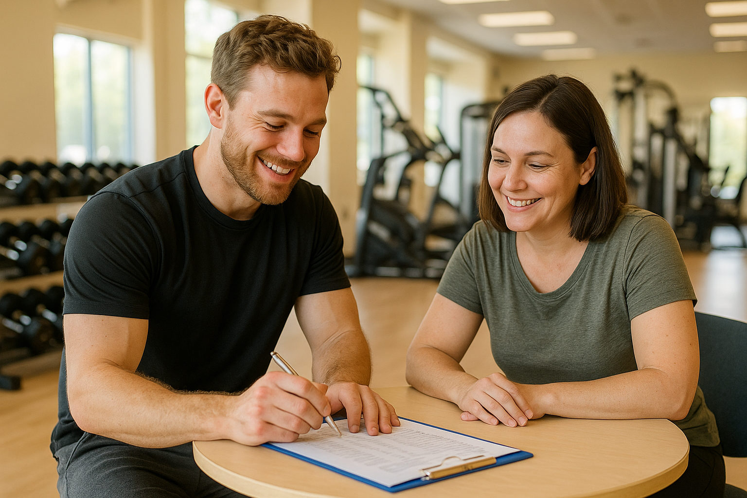 Fitnesstrainer bespricht mit einer Kundin ihren Trainingsplan