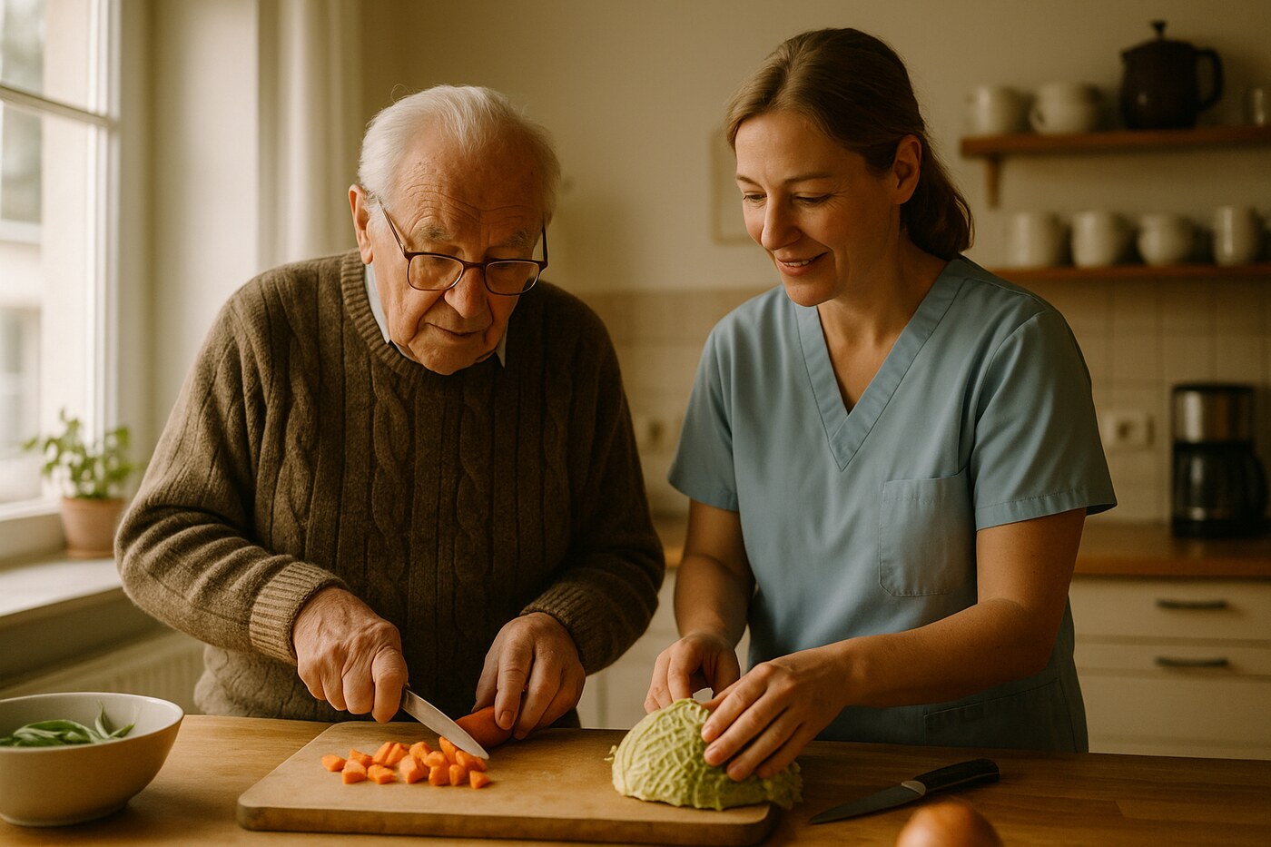Alltagsbegleiterin unterstützt einen älteren Mann beim Kochen