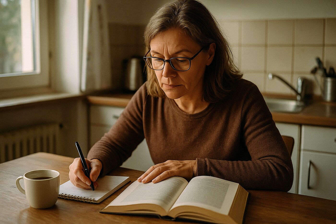 Frau lernt zu Hause für die Online-Ausbildung Alltagshelfer/in