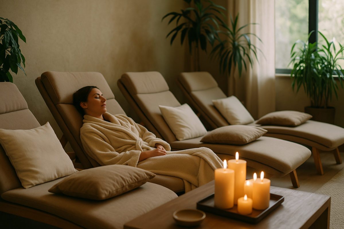 Ruhiger Wellnessraum mit weichen Kissen, Kerzen und Pflanzen als Ort der Entspannung