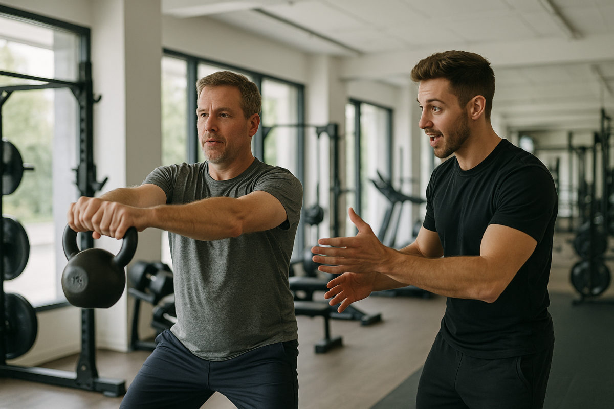 Personal-Trainer betreut eine Kundin beim Kettlebell-Training in einem hellen Fitnessstudio
