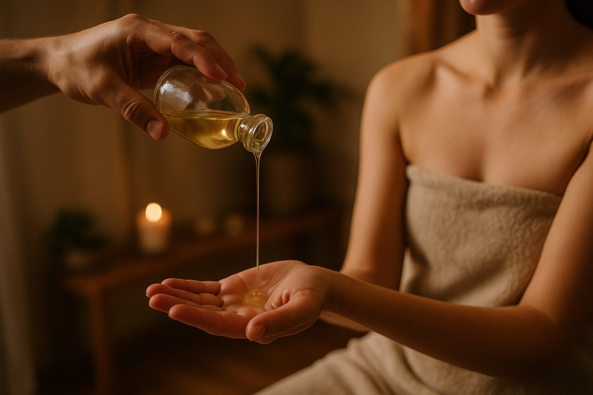 Warmes Massageoel wird aus einer Flasche gegossen